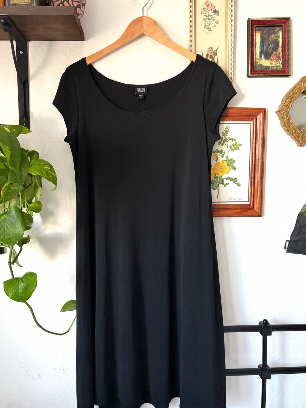 Eileen Fisher Silk Black Scoop Neck A-Line Dress - Medium